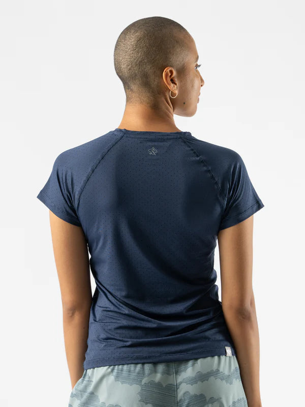 ICE Perf Tee SS - Women by Rabbit in navy, lightweight, sustainable nylon with quick-dry and perfed fabric, ideal for running in Canada.
