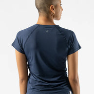 ICE Perf Tee SS - Women by Rabbit in navy, lightweight, sustainable nylon with quick-dry and perfed fabric, ideal for running in Canada.