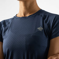 ICE Perf Tee SS - Women in navy blue by Rabbit, lightweight, breathable with all-over perforation, sustainable quick-dry nylon ideal for running.