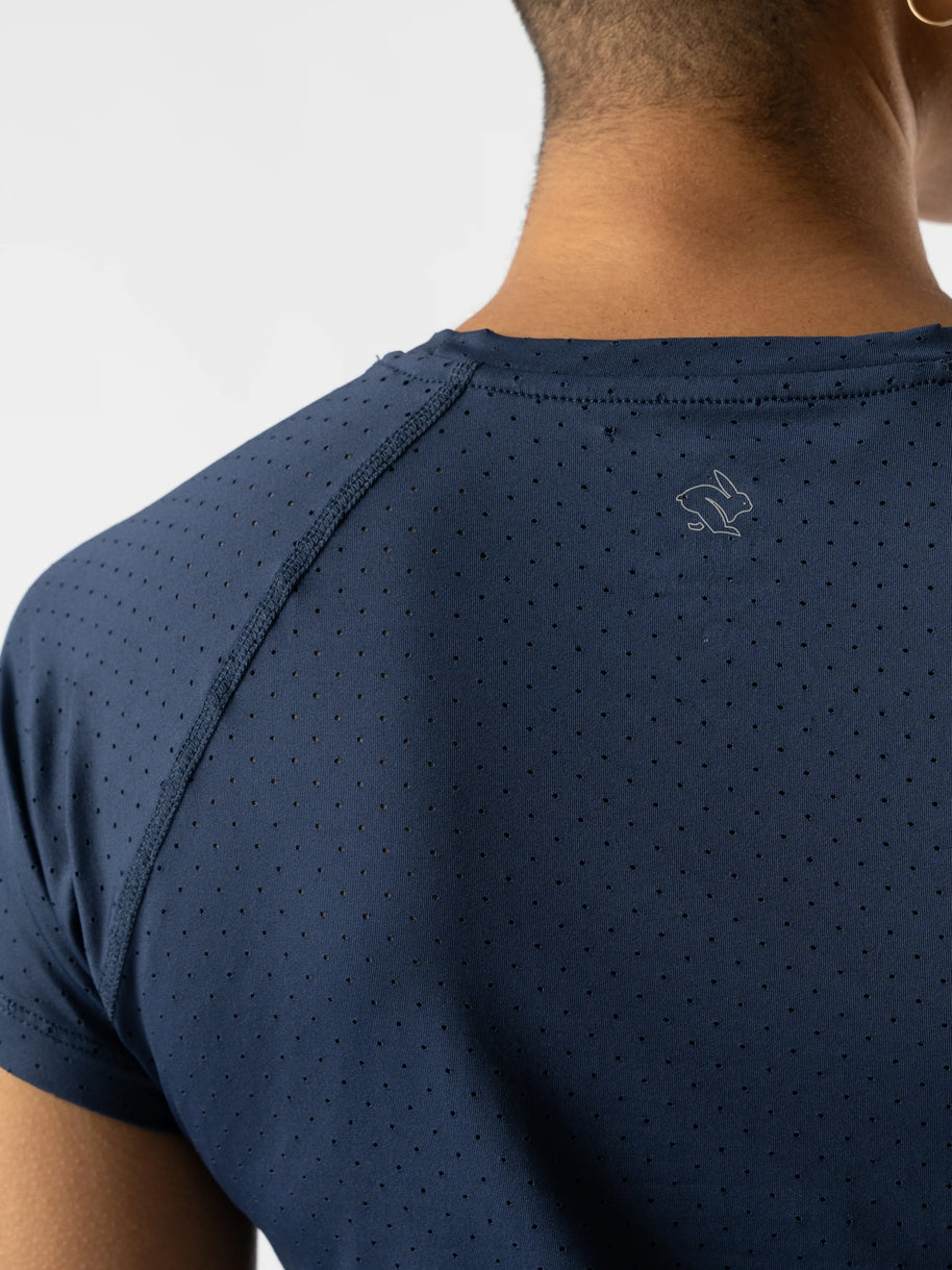 ICE Perf Tee SS - Women in navy by Rabbit, lightweight perforated tee made from recycled nylon, quick-drying, ideal for running in Canada