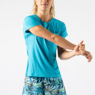 ICE Perf Tee SS - Women in blue by Rabbit, lightweight, soft, quick-dry sustainable nylon from recycled coffee, perfect for running.