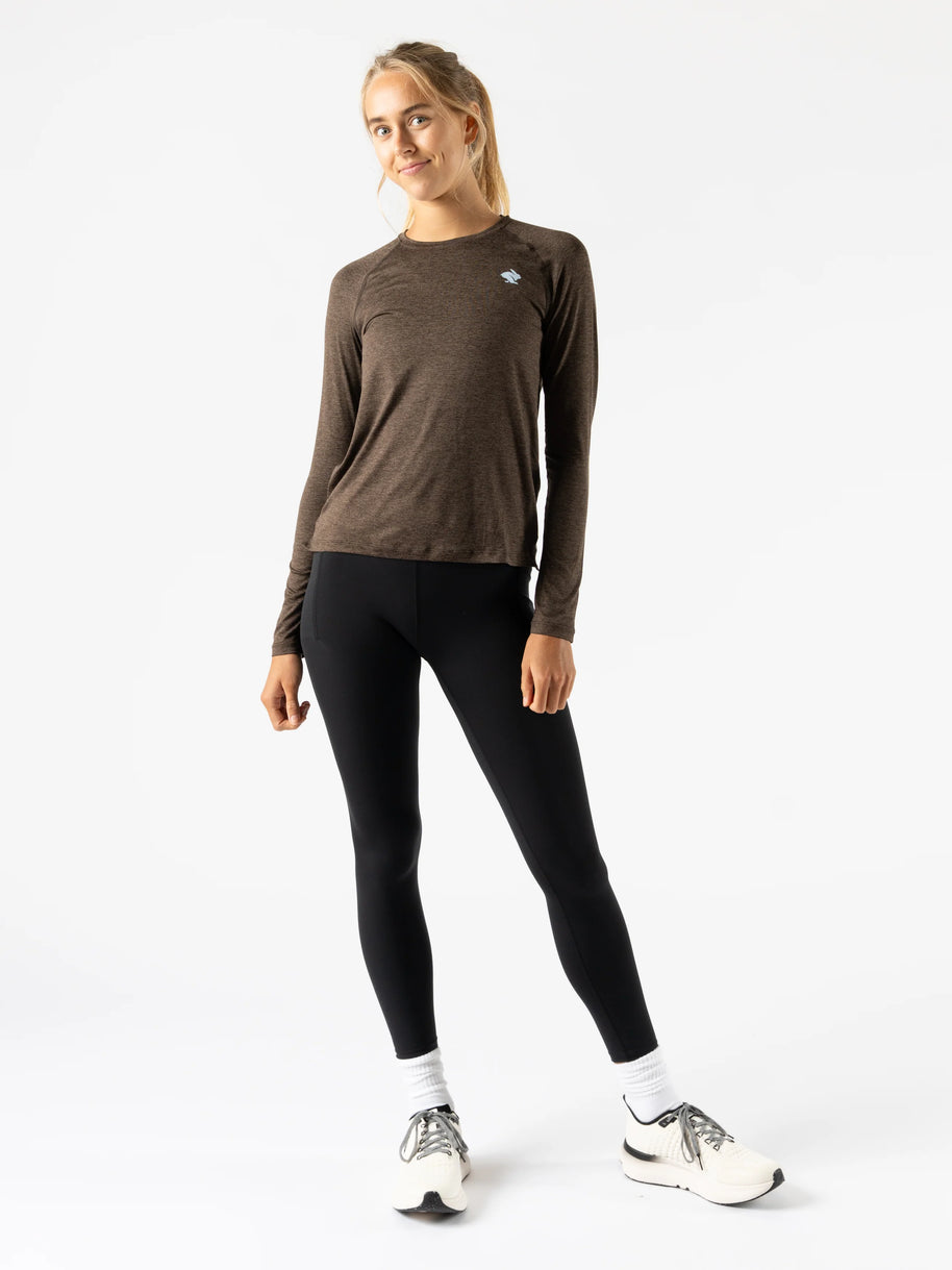 EZ Tee LS - Women by Rabbit in brown lightweight long sleeve shirt, soft and comfortable for training runs and everyday wear