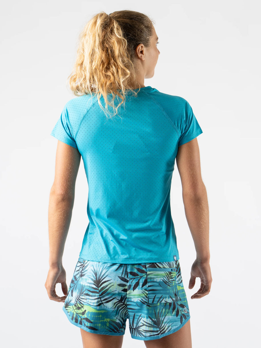 ICE Perf Tee SS - Women in blue by Rabbit, lightweight perforated tee made from recycled nylon, quick-drying for running in Canada.