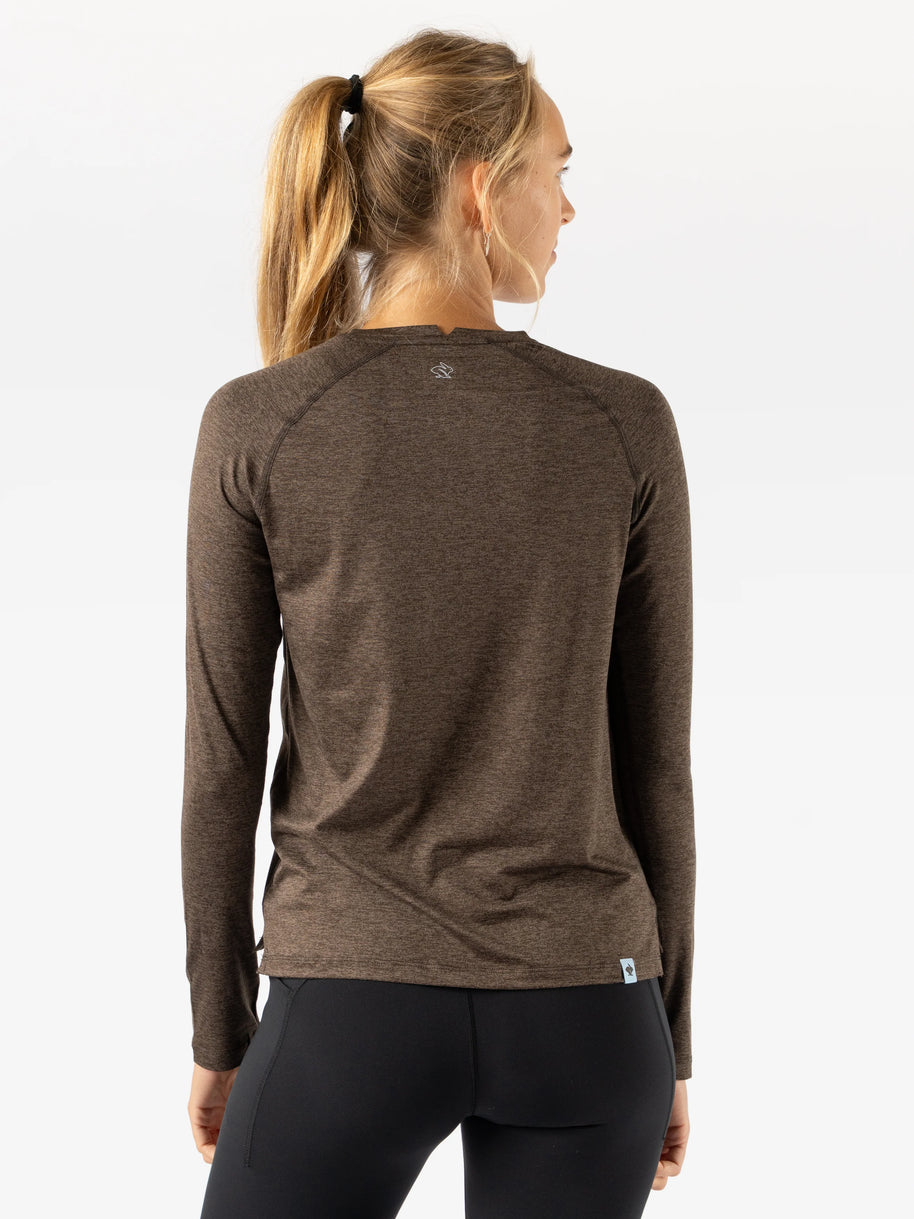 EZ Tee LS - Women by Rabbit in dark brown lightweight long sleeve top, soft and comfortable for training runs and casual wear