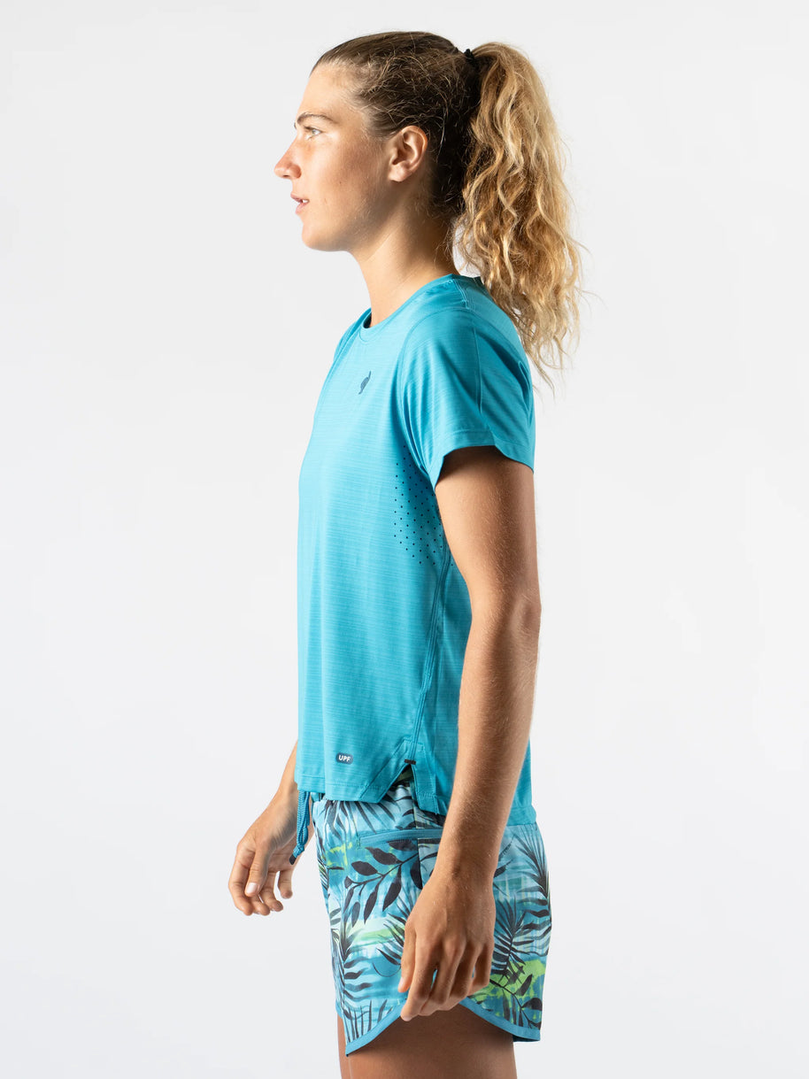 UPF Tee SS - Women by Rabbit in blue with laser-cut perfs, lightweight breathable jersey, UPF 50 protection for sun safety and running