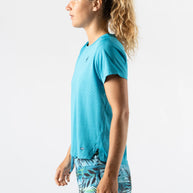 UPF Tee SS - Women by Rabbit in blue with laser-cut perfs, lightweight breathable jersey, UPF 50 protection for sun safety and running
