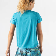 UPF Tee SS - Women by Rabbit in blue, lightweight breathable tee with UPF 50 protection and laser-cut perfs for sun safety and running