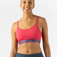 Strappy Pocket Bra - Women by Rabbit in coral with built-in pocket, minimal bounce, and total comfort for secure activewear use