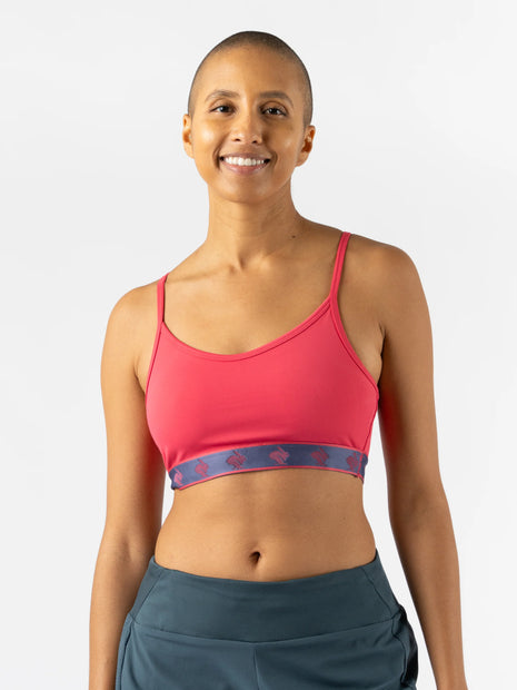 Strappy Pocket Bra - Women by Rabbit in coral with built-in pocket, minimal bounce, and total comfort for secure activewear use