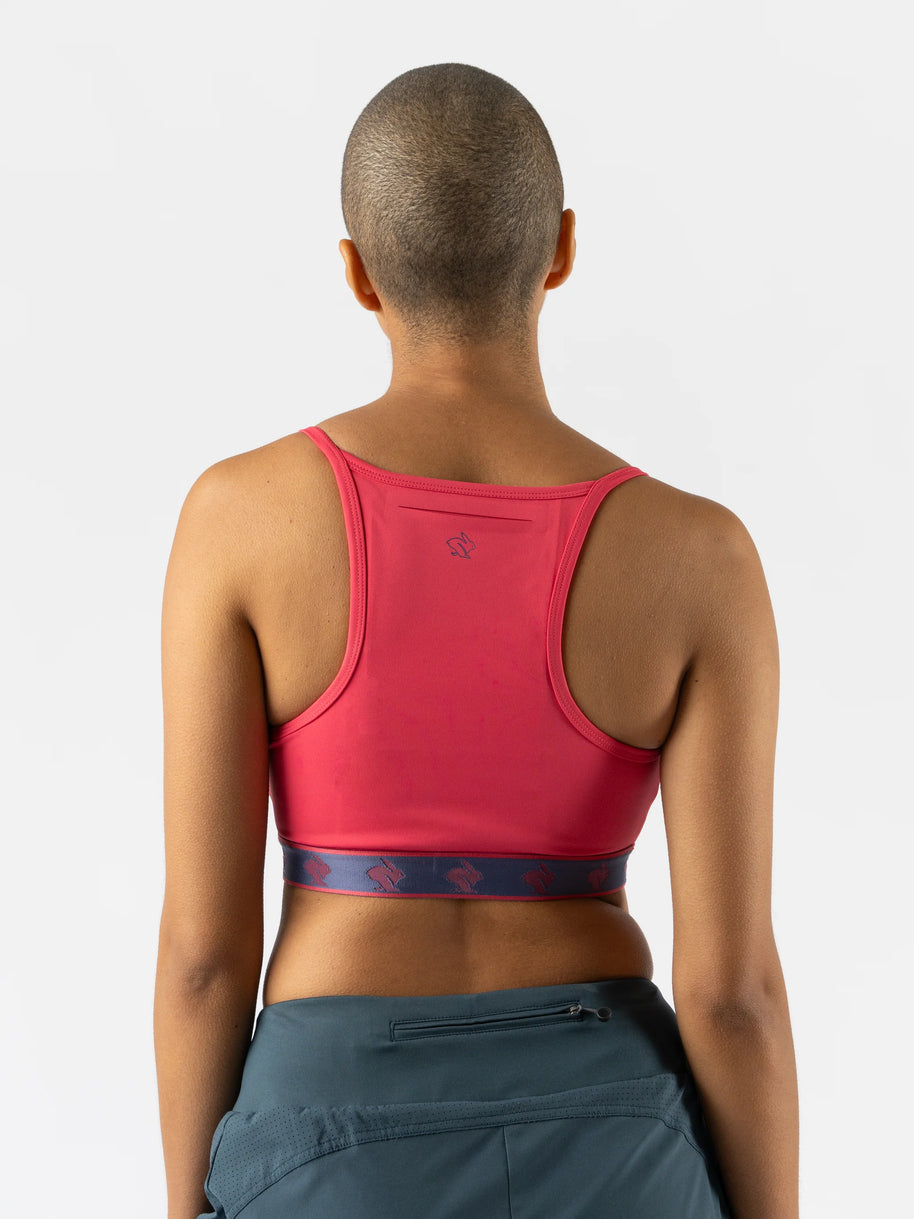 Strappy Pocket Bra - Women by Rabbit in red with built-in pocket, minimal bounce, and total comfort for secure outdoor and running use