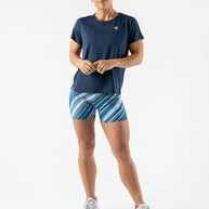 Race Pace Tee SS - Women by Rabbit in navy blue with breathable laser-cut perforations, semi-relaxed fit for running and training use
