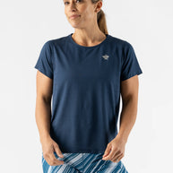 Race Pace Tee SS - Women by Rabbit in navy with laser-cut perforations, breathable semi-relaxed running shirt ideal for training and races