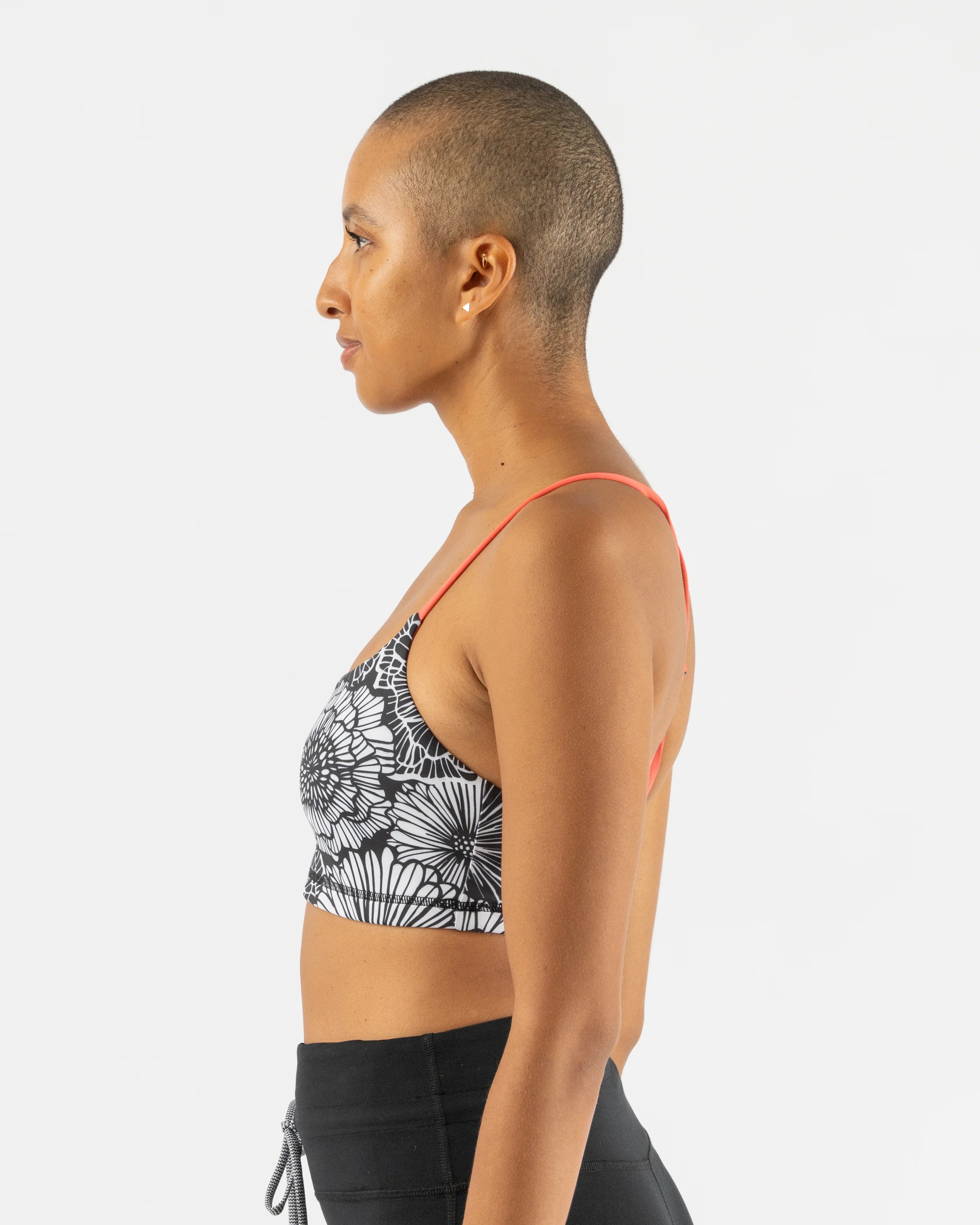 EZ Bra-Vo by Rabbit in black and white floral with coral straps, lightweight bra offering light support for active and rest days