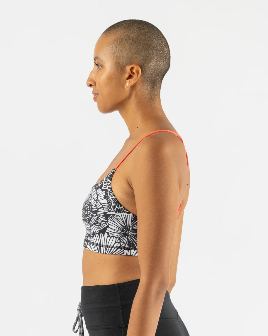 EZ Bra-Vo by Rabbit in black and white floral with coral straps, lightweight bra offering light support for active and rest days