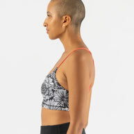 EZ Bra-Vo by Rabbit in black and white floral with coral straps, lightweight bra offering light support for active and rest days