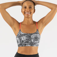 EZ Bra-Vo by Rabbit in black and white floral print with coral straps, light support bra ideal for active and rest days comfort