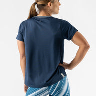 Race Pace Tee SS - Women by Rabbit in navy blue with breathable laser-cut perforations, semi-relaxed fit for running and training comfort
