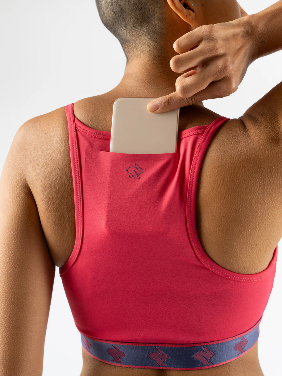 Strappy Pocket Bra - Women by Rabbit in red with built-in pocket, minimal bounce, and total comfort for running and active use