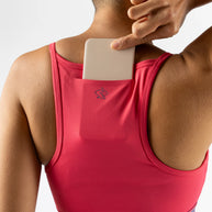 Strappy Pocket Bra - Women by Rabbit in red with built-in pocket, minimal bounce, and total comfort for running and active use