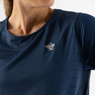 Race Pace Tee SS - Women by Rabbit in navy blue breathable top with laser-cut perforations for ventilation ideal for running and training