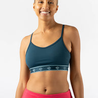 Strappy Pocket Bra - Women by Rabbit in dark teal with built-in pocket, minimal bounce, and total comfort for active use