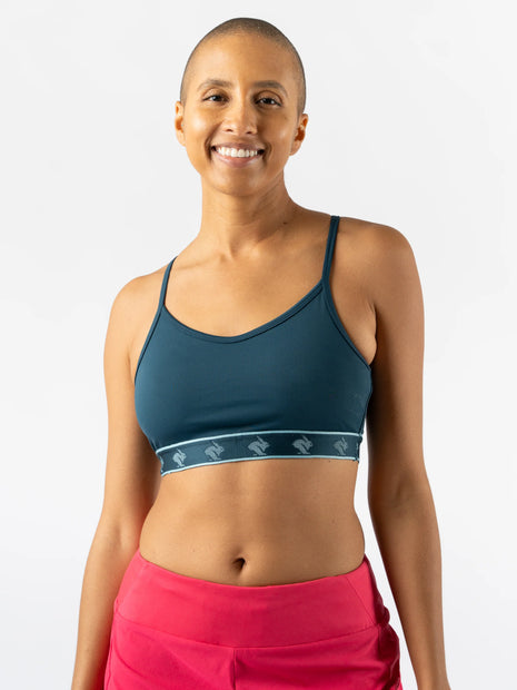 Strappy Pocket Bra - Women by Rabbit in dark teal with built-in pocket, minimal bounce, and total comfort for active use