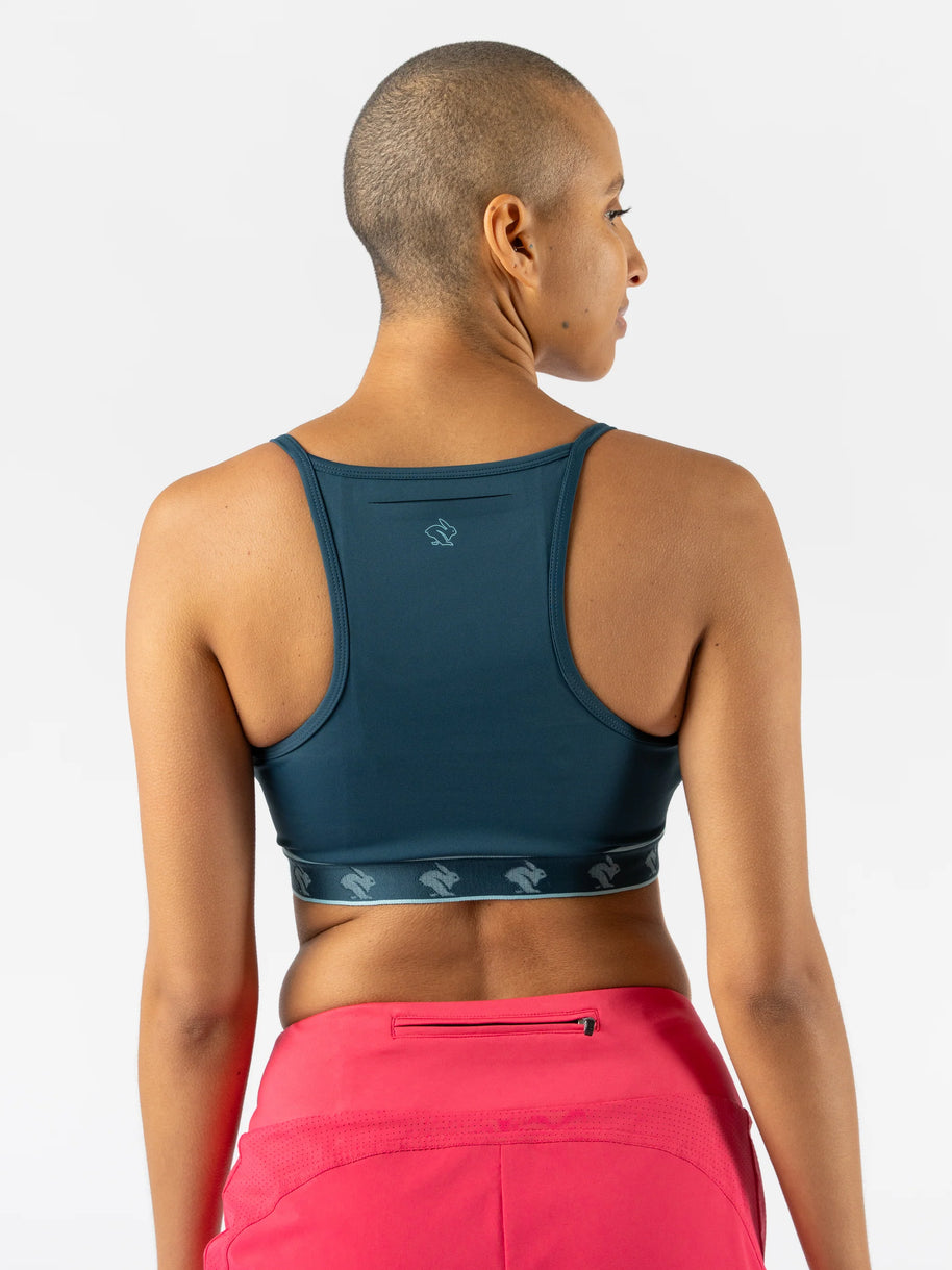 Strappy Pocket Bra - Women by Rabbit in dark teal with built-in pocket, minimal bounce and comfort, ideal for running and active wear