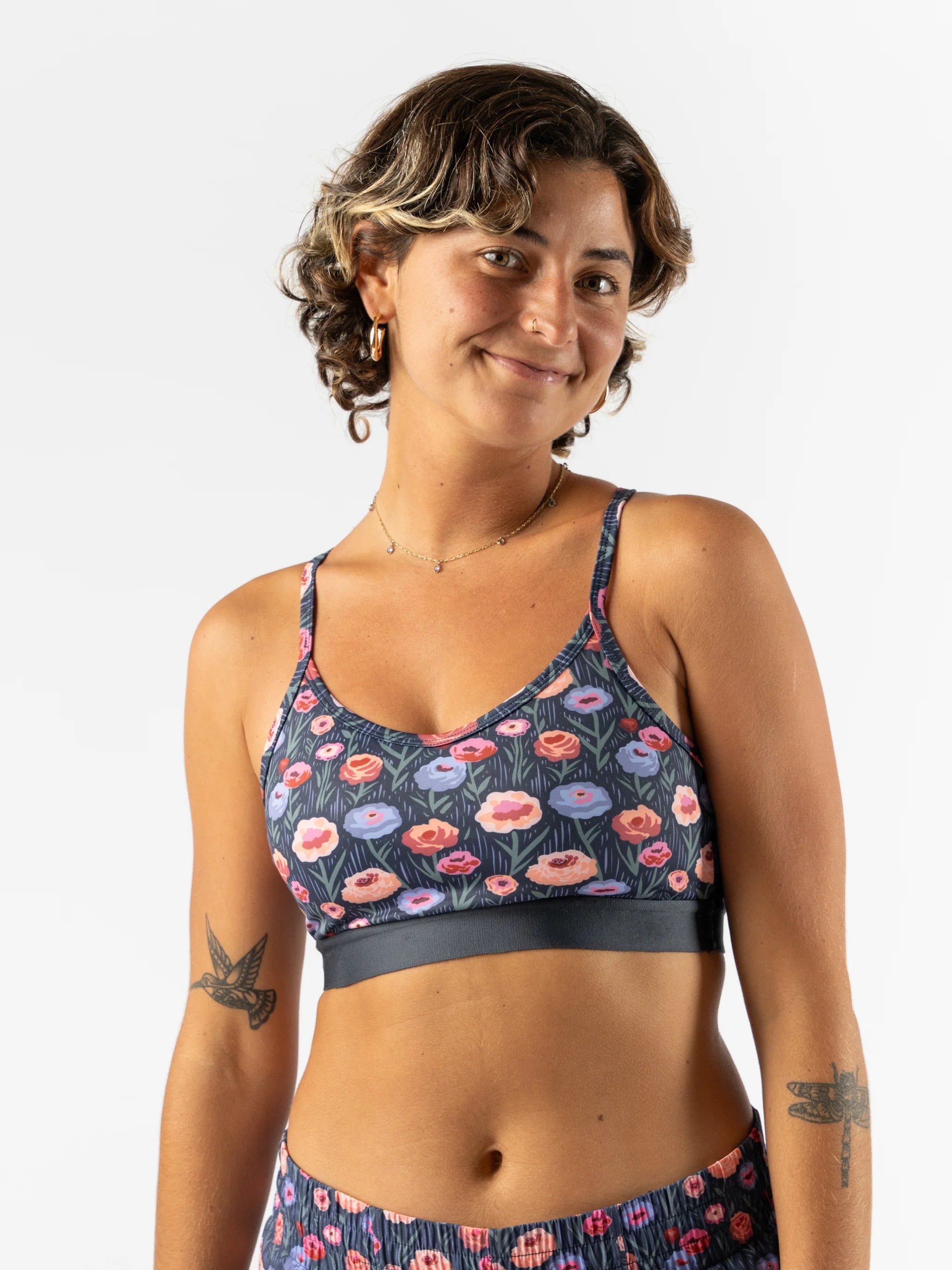 Strappy Pocket Bra - Women by Rabbit in dark floral print with built-in pocket, minimal bounce, and total comfort for activewear use