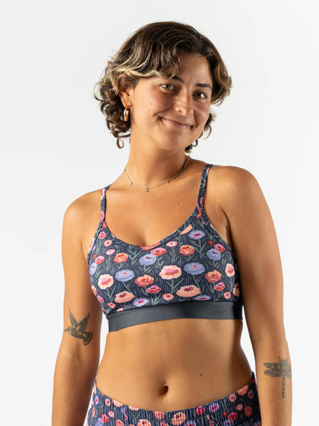 Strappy Pocket Bra - Women by Rabbit in dark floral print with built-in pocket, minimal bounce, and total comfort for activewear use