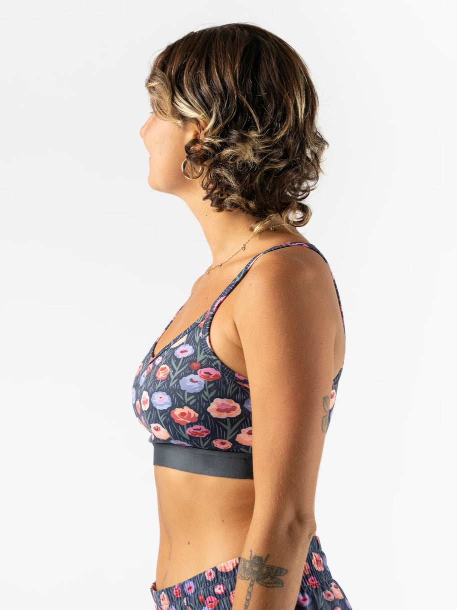 Strappy Pocket Bra - Women by Rabbit in floral pattern with built-in pocket, minimal bounce, and total comfort for active wear