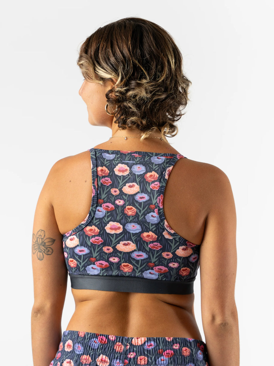 Strappy Pocket Bra - Women by Rabbit in floral print with built-in pocket, minimal bounce, and comfortable fit for active wear and running
