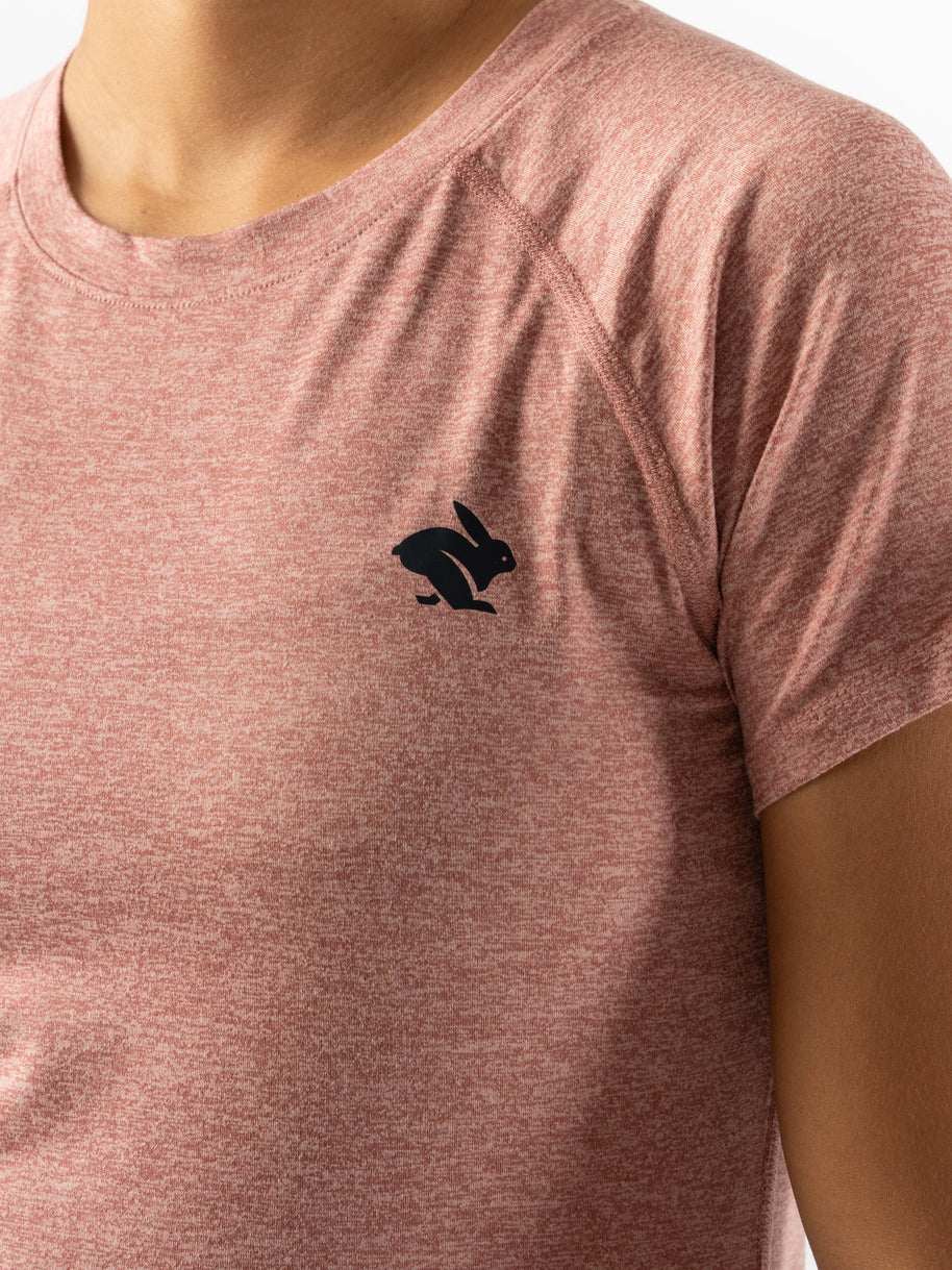 EZ Tee SS - Women by Rabbit in heather rose lightweight soft running top for everyday running workout and casual wear