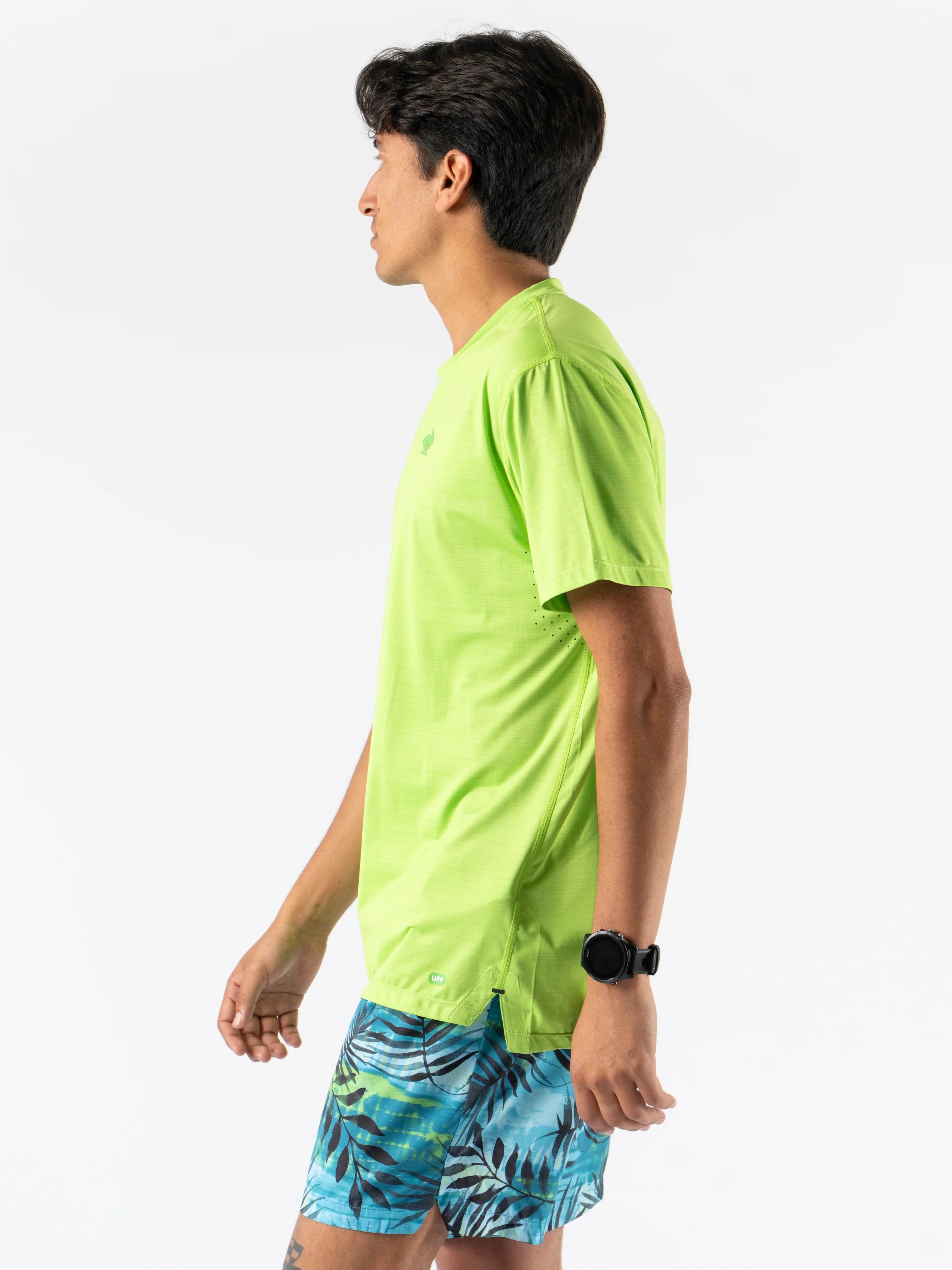 UPF Tee SS - Men by Rabbit in bright green lightweight jersey with UPF 50 and laser-cut underarm perfs for sun protection and breathability
