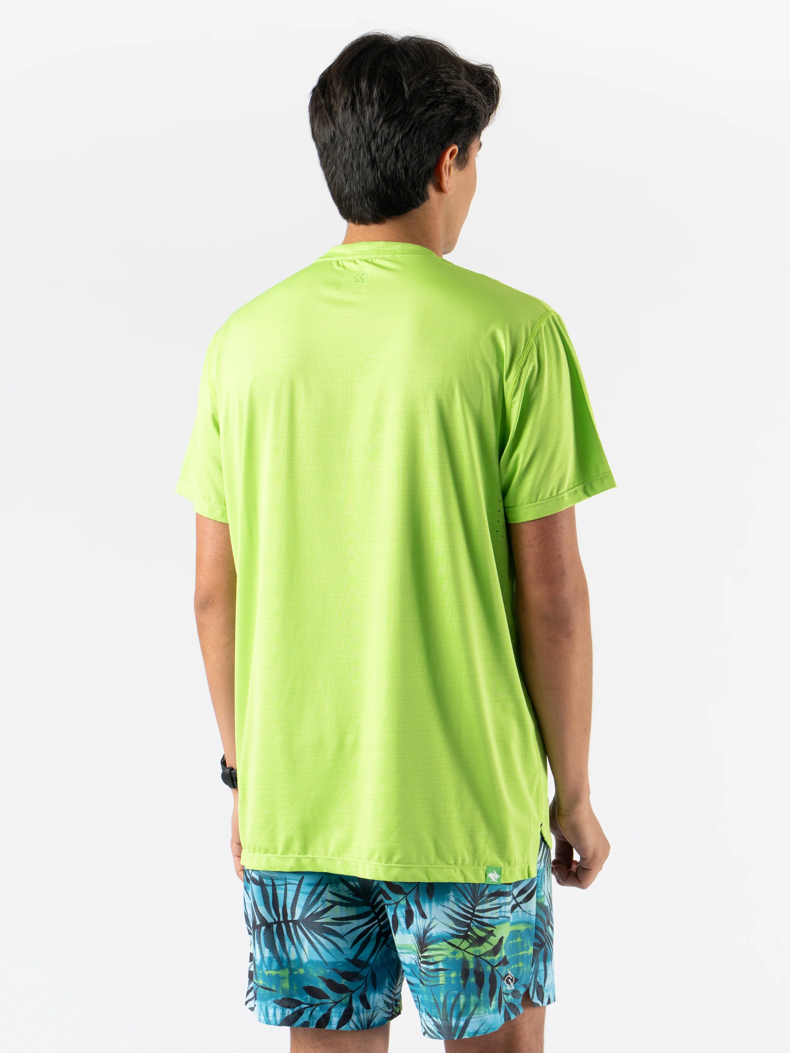 UPF Tee SS - Men by Rabbit in bright green with ultra lightweight jersey and laser-cut venting, sun-protective shirt ideal for running and outdoor use