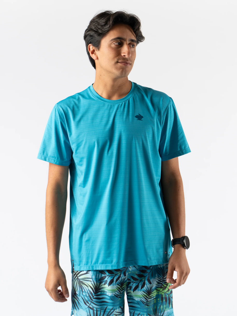 UPF Tee SS - Men by Rabbit in blue, lightweight breathable shirt with UPF 50 protection and laser-cut perfs for running and outdoor use