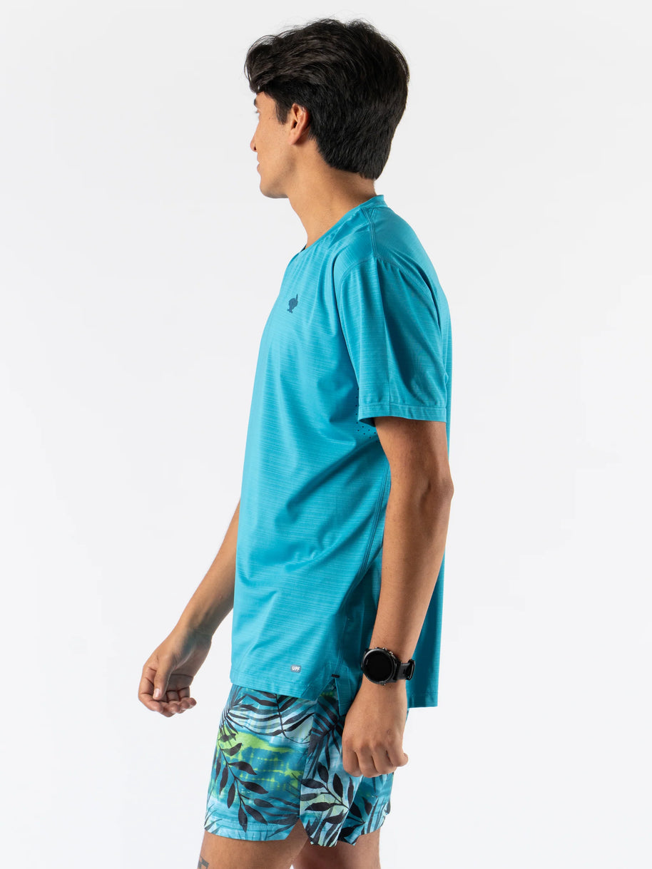 UPF Tee SS - Men by Rabbit in blue, lightweight UPF 50 shirt with laser-cut underarm perfs, ideal for running and outdoor use