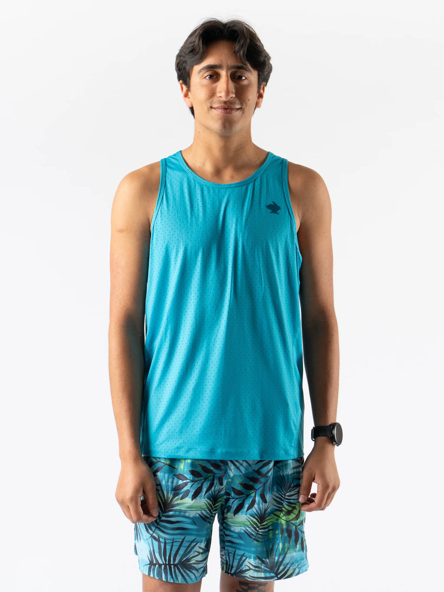 Man wearing Rabbit Ice Perf Tank - Men in blue with breathable perforations, made from recycled nylon, ideal for running and gym workouts