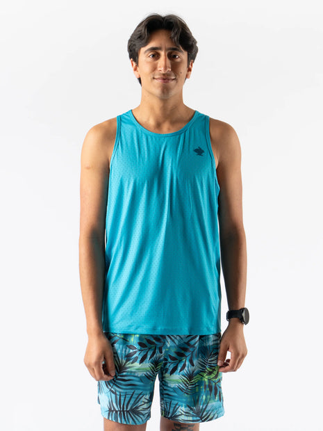 Man wearing Rabbit Ice Perf Tank - Men in blue with breathable perforations, made from recycled nylon, ideal for running and gym workouts