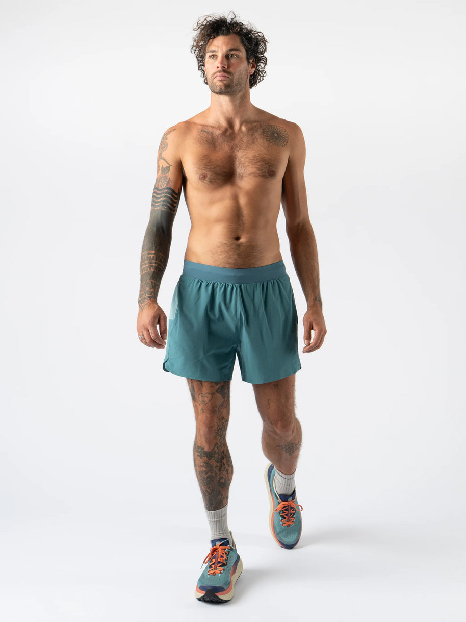 FKT 5 - Men by Rabbit in teal with technical stretch fabric, semi-relaxed fit, lightweight durable shorts ideal for trail running