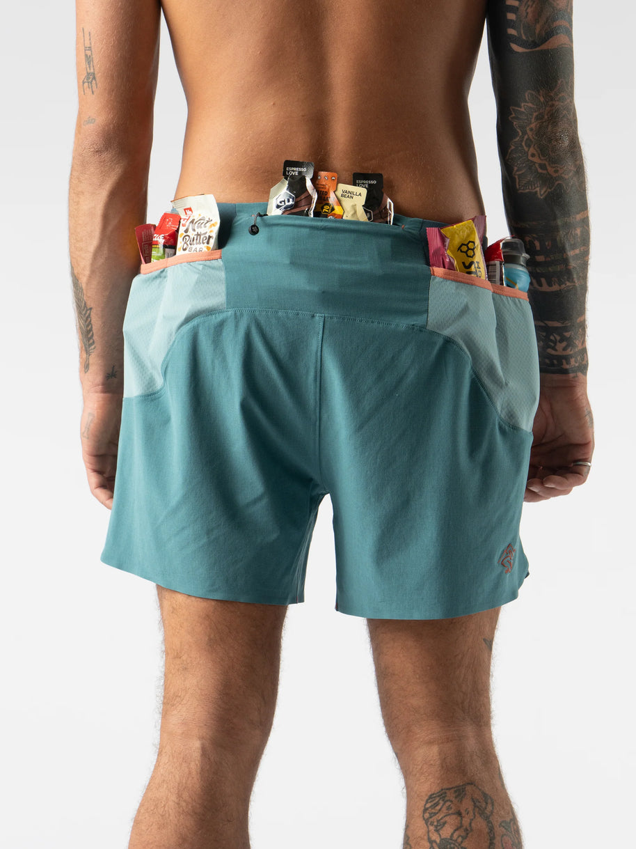 FKT 5 - Men by Rabbit in teal and light blue, lightweight technical stretch shorts with semi-relaxed fit for trail running and outdoor use