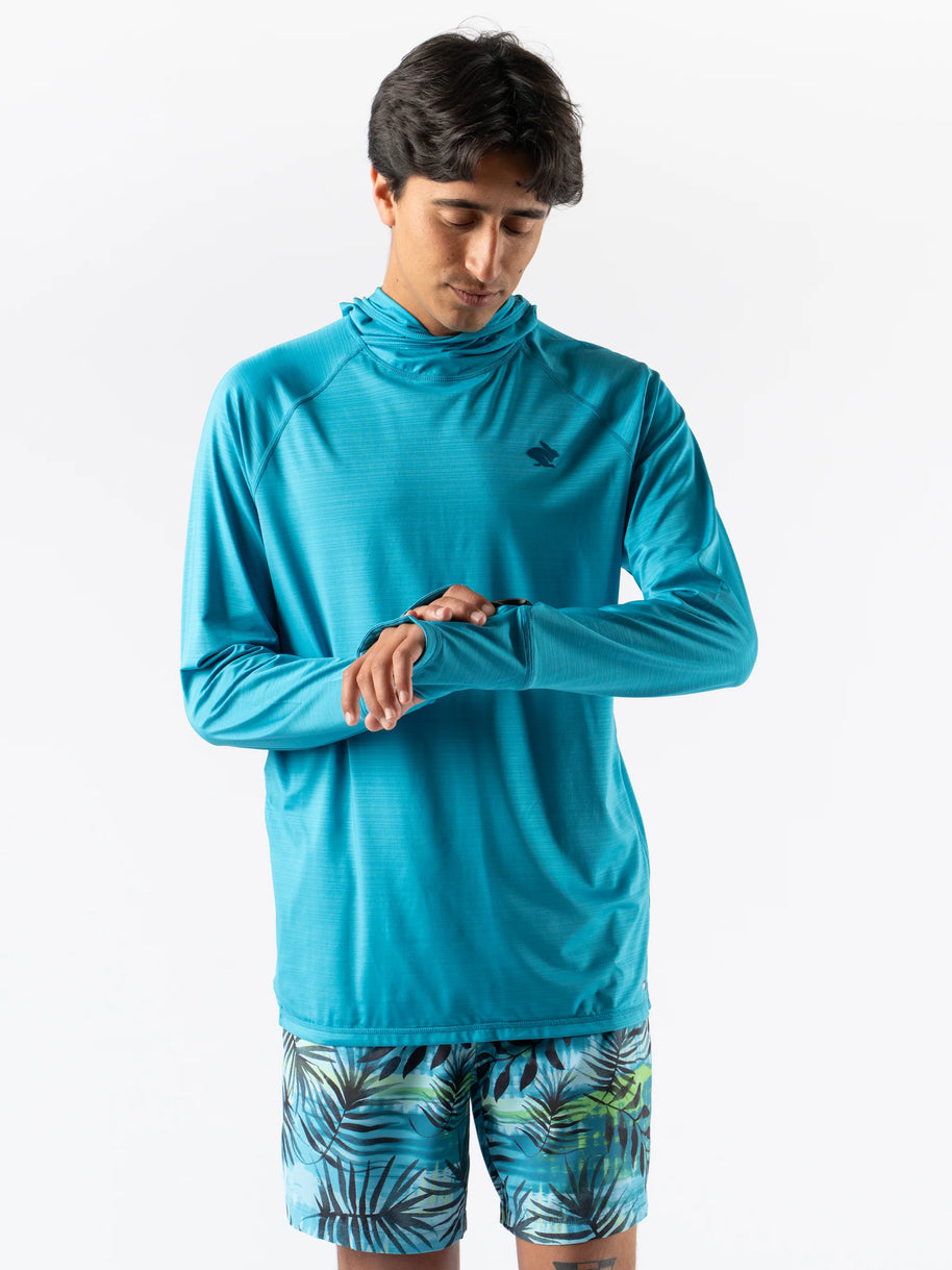 UPF Deflector 2.0 - Men by Rabbit in blue lightweight jersey with laser-cut ventilation and scuba hood for sun protection and running
