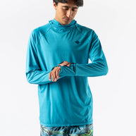 UPF Deflector 2.0 - Men by Rabbit in blue lightweight jersey with laser-cut ventilation and scuba hood for sun protection and running