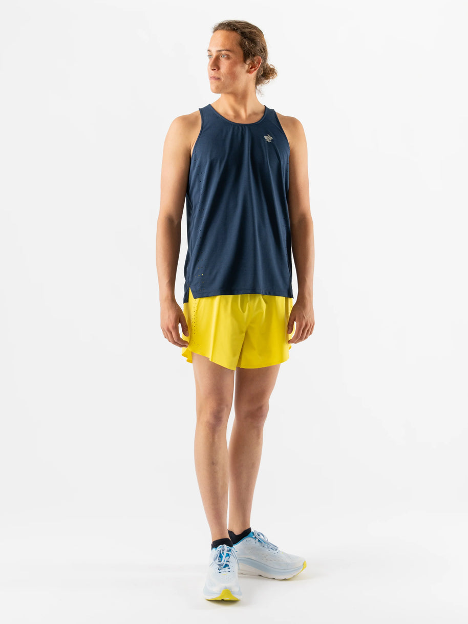 Race Pace Tank - Men by Rabbit in navy blue with laser-cut perfs and breathable microtextured inside, ideal for running and training