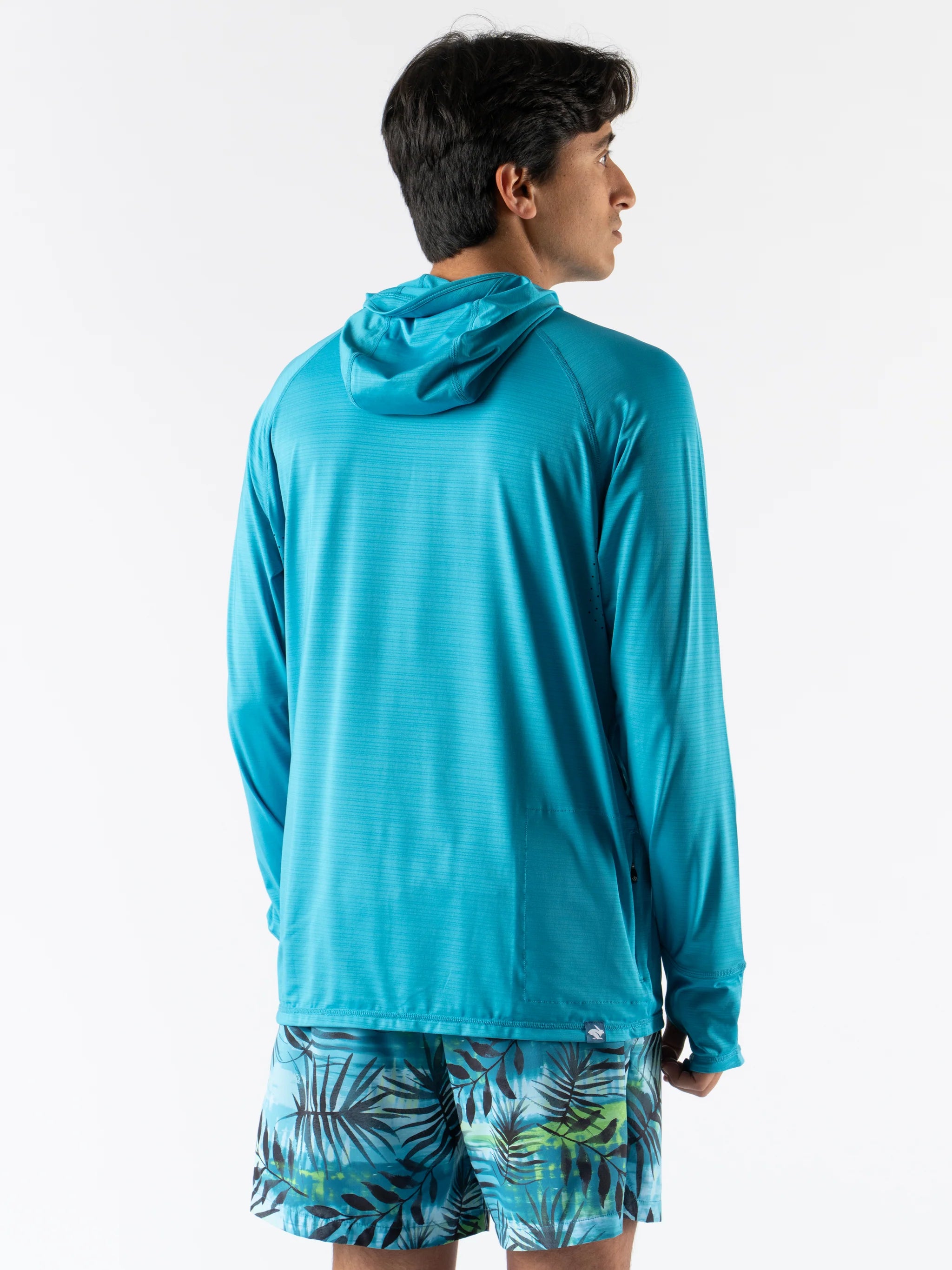 UPF Deflector 2.0 - Men by Rabbit in blue lightweight sun-protection top with hood, UPF 50, laser-cut ventilation, ideal for running and outdoor use