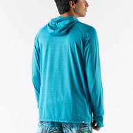 UPF Deflector 2.0 - Men by Rabbit in blue lightweight sun-protection top with hood, UPF 50, laser-cut ventilation, ideal for running and outdoor use