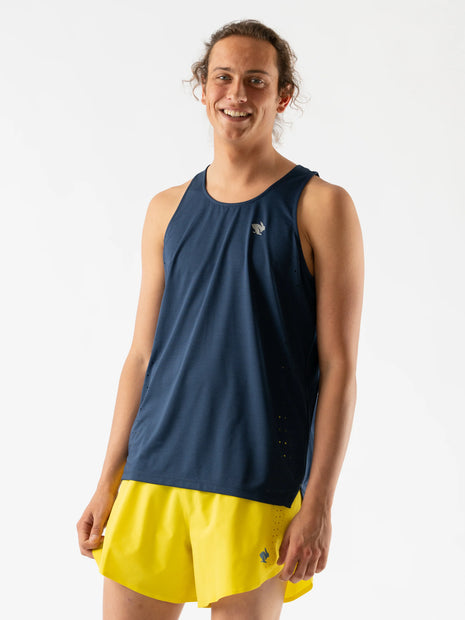 Race Pace Tank - Men by Rabbit in navy blue with breathable laser-cut perfs and microtextured inside, ideal for running and training.