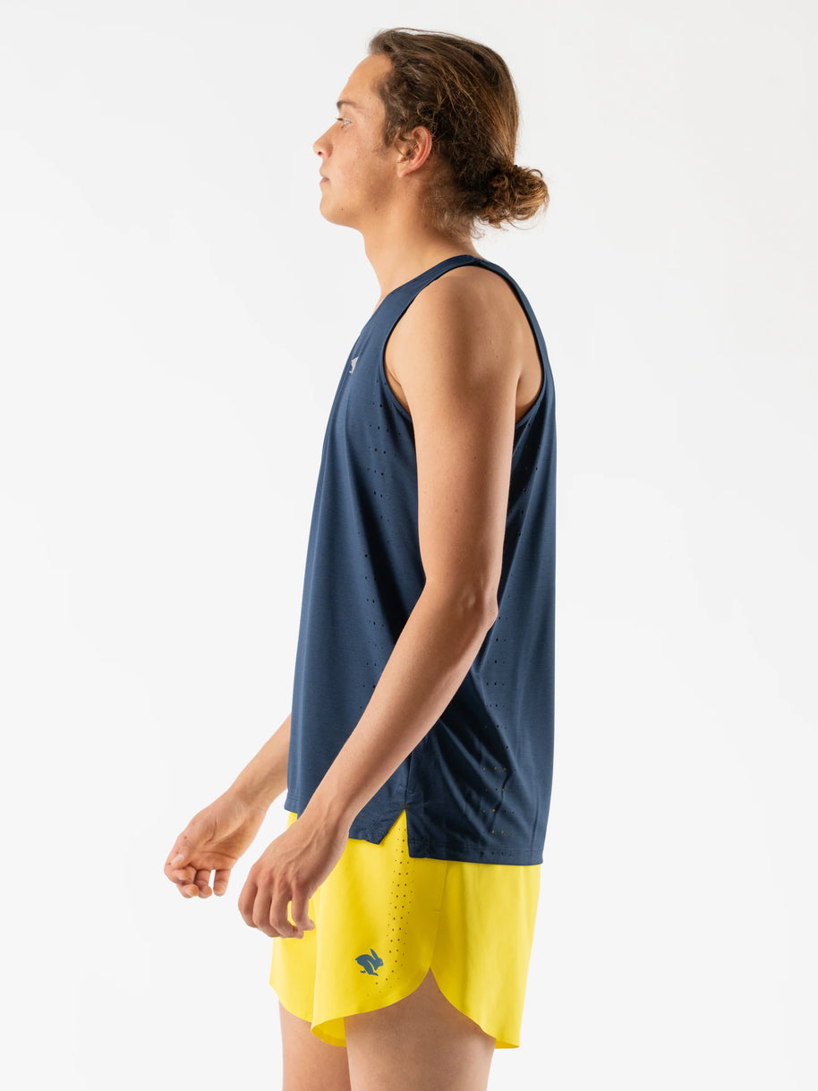 Race Pace Tank - Men by Rabbit in navy blue with breathable laser-cut perfs and microtextured inside, ideal for running and training.