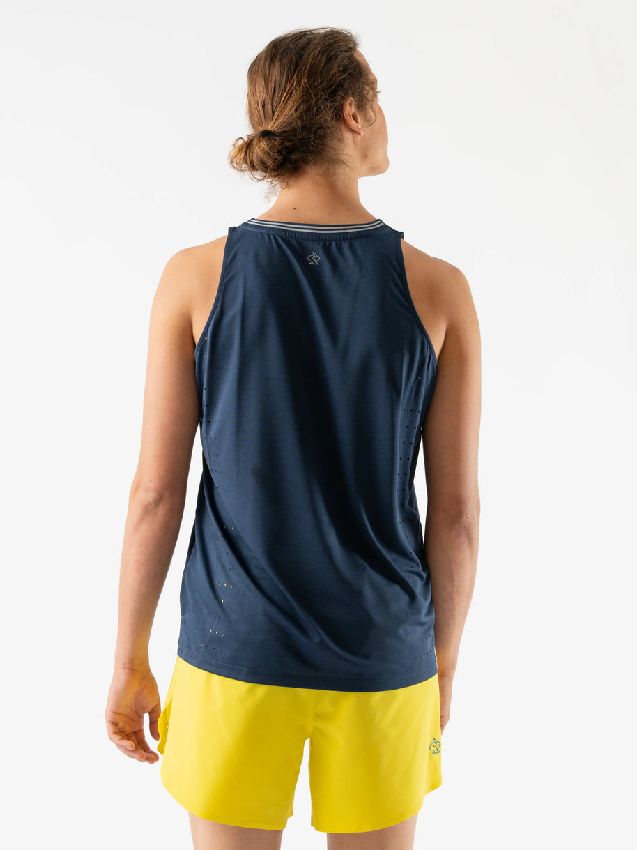 Race Pace Tank - Men by Rabbit in navy blue with laser-cut square perfs for breathability, lightweight for running and training use