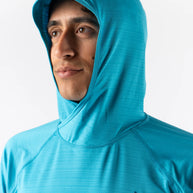 UPF Deflector 2.0 - Men by Rabbit in blue, lightweight jersey with scuba-style hood and laser-cut ventilation for sun protection and running.