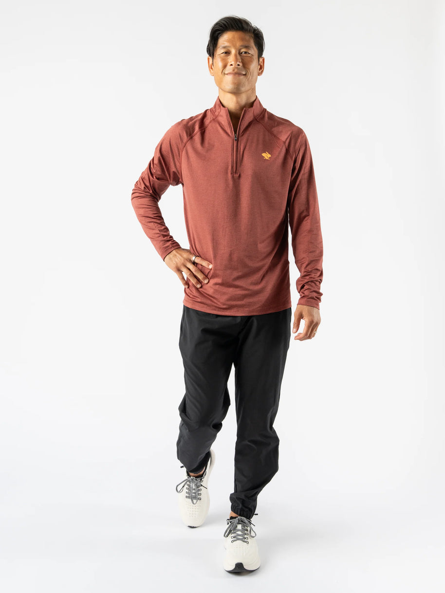 EZ Zip 2.0 - Men by Rabbit in rust red quarter zip top, soft versatile shirt ideal for running, working out, and everyday wear